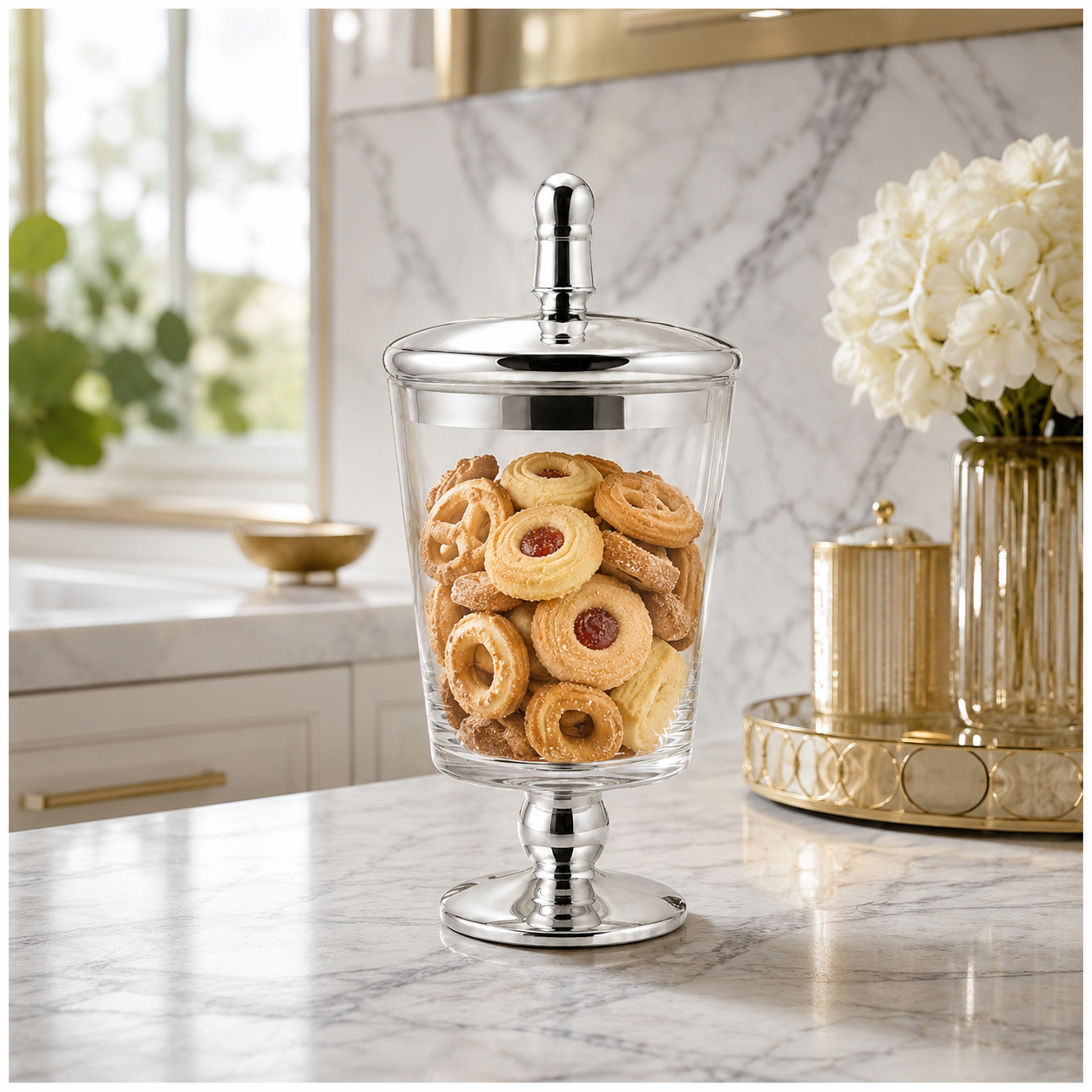 Elegant Decorative Glass Jar with Mirrored Silver Lid and base – 23.5cm