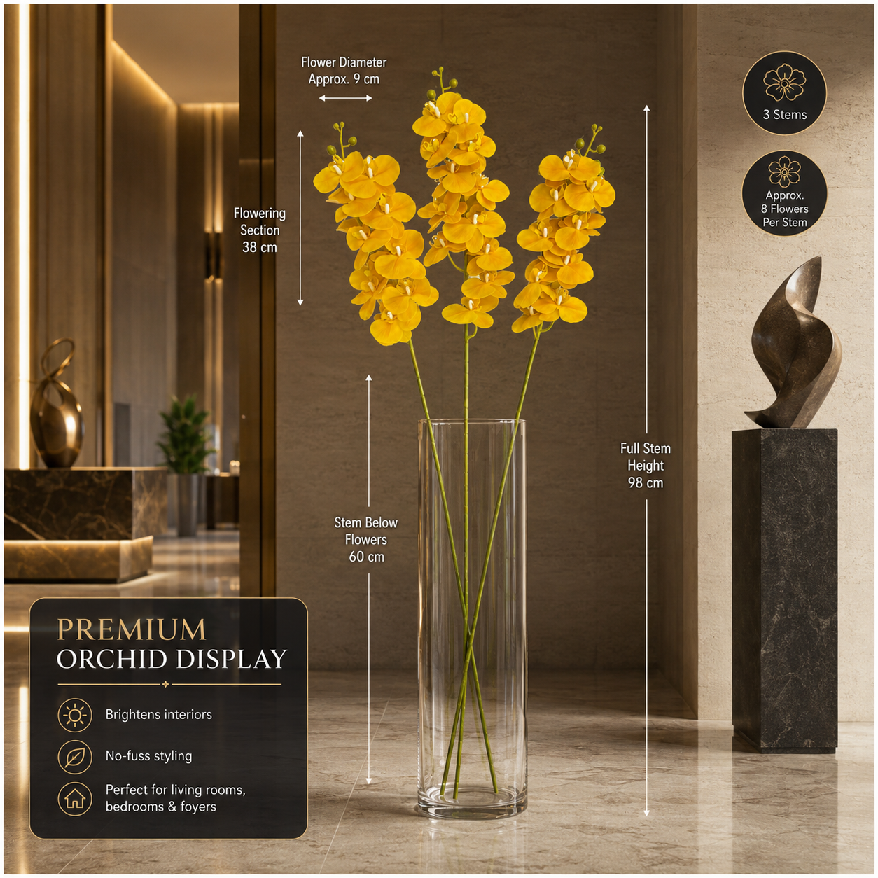 3-Piece Elegant Orchid Flower Stem Set – 98cm Tall, Modern Floral set