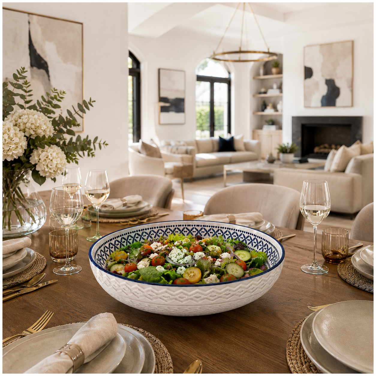 Luxury Large Ceramic Salad Serving Bowl 31cm–Navy and White -Floral Design