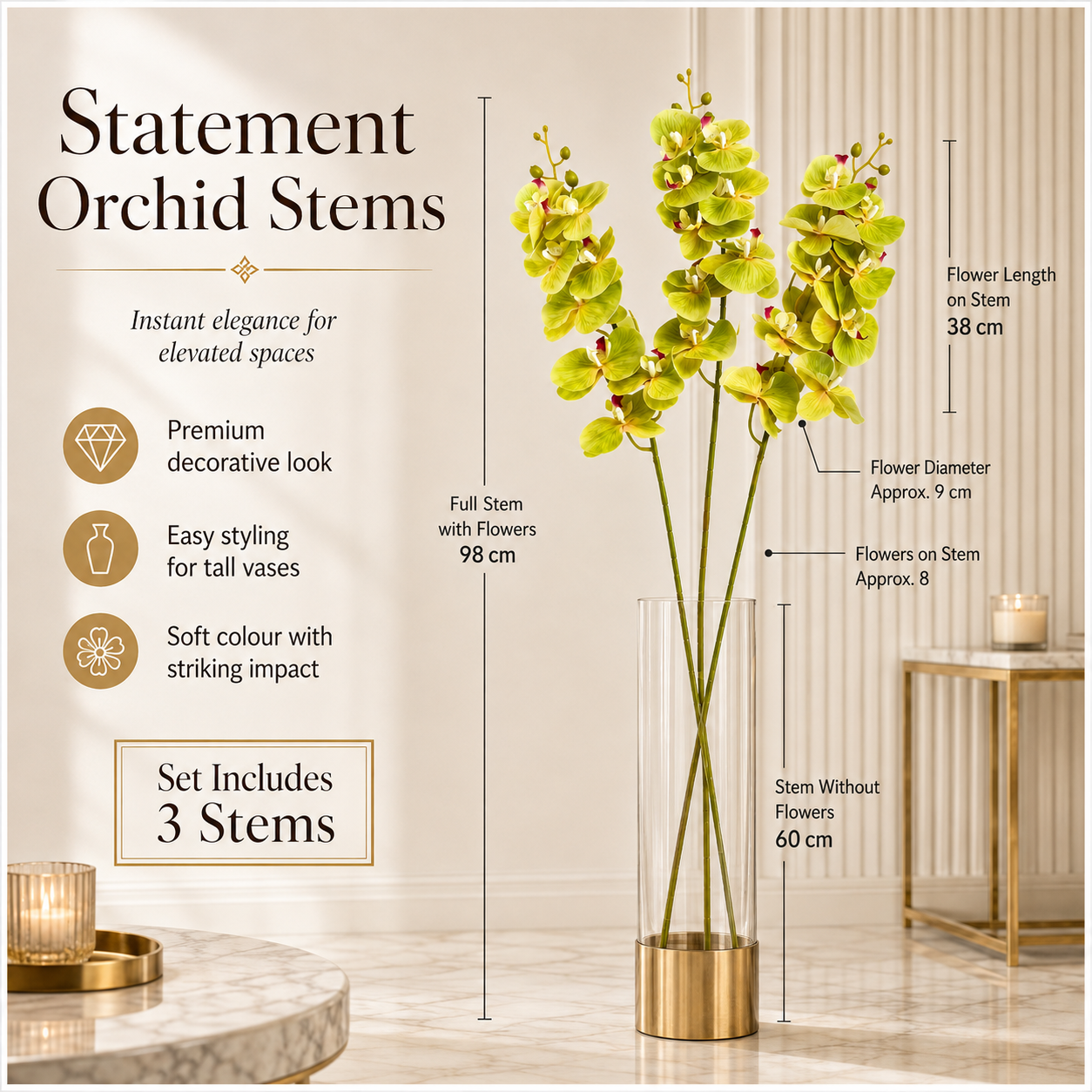 3-Piece Elegant Orchid Flower Stem Set – 98cm Tall, Modern Floral set