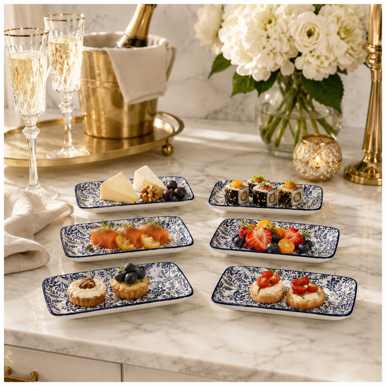 6-Piece Navy Floral Ceramic Side Plates for Luxe Hosting and Everyday Style