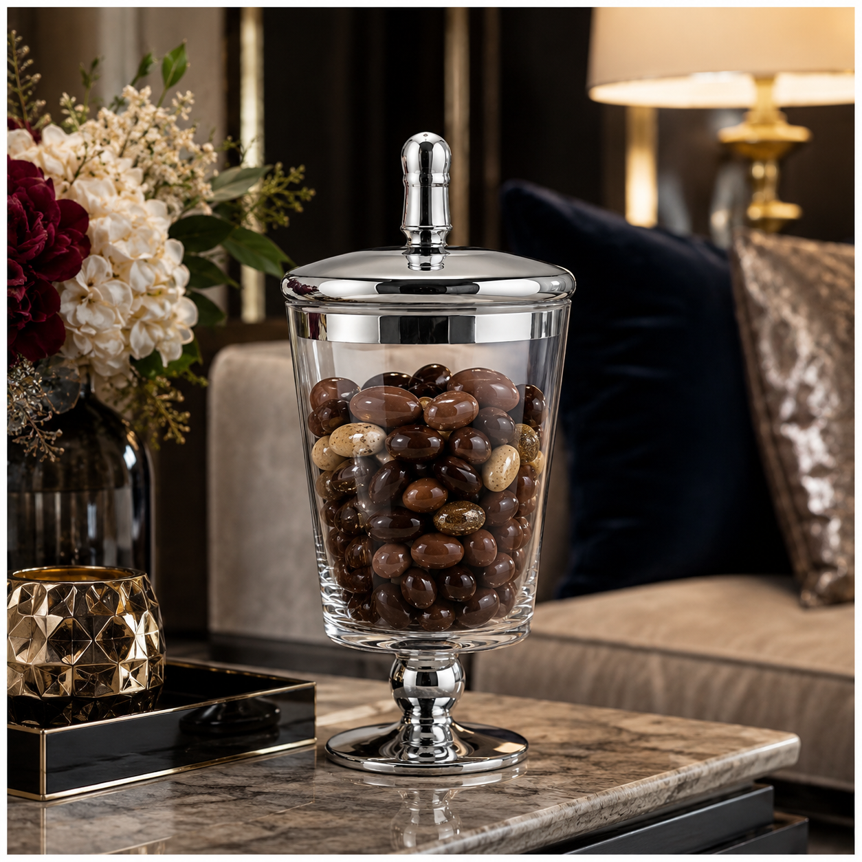 Elegant Decorative Glass Jar with Mirrored Silver Lid and base – 23.5cm