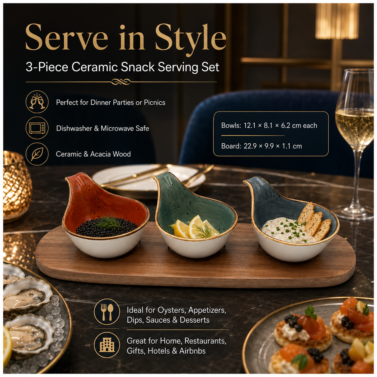 Elegant 3-Piece Ceramic Snack Bowl Set with Acacia Wood Serving Board