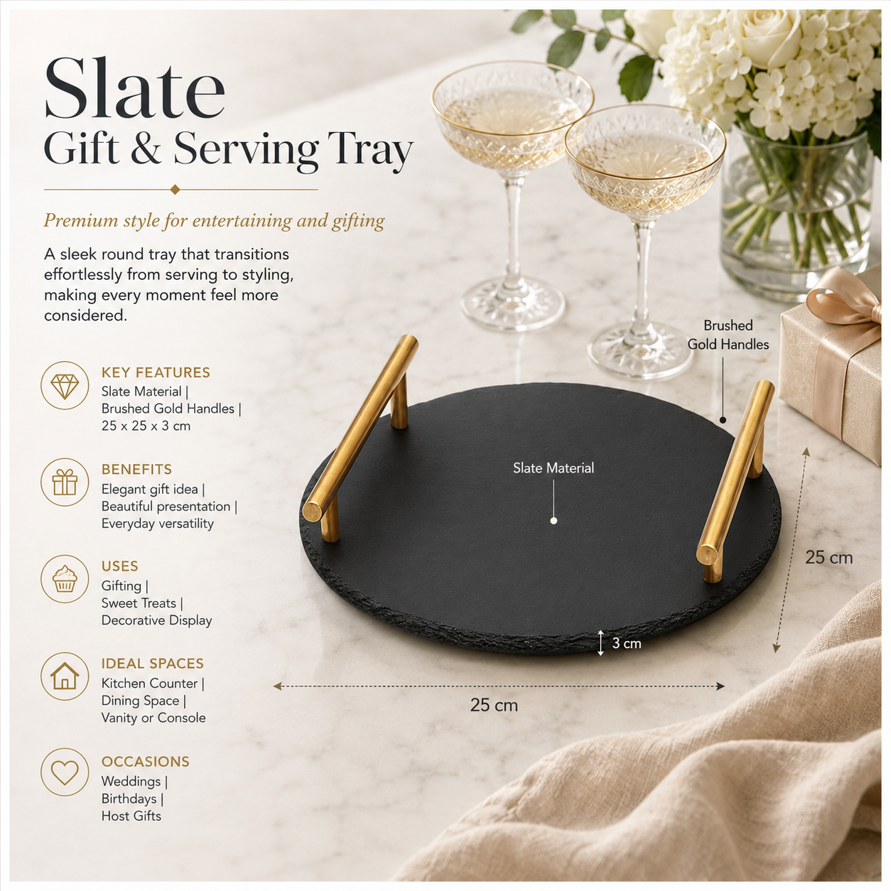 Midnight Slate Round Serving Tray With Metallic Gold Handles
