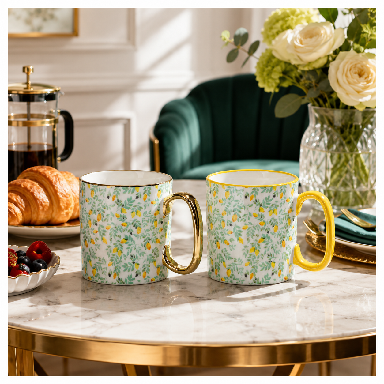 2-Piece Floral Porcelain Coffee Mug Set–Elegant Hot and Cold Beverage Mugs