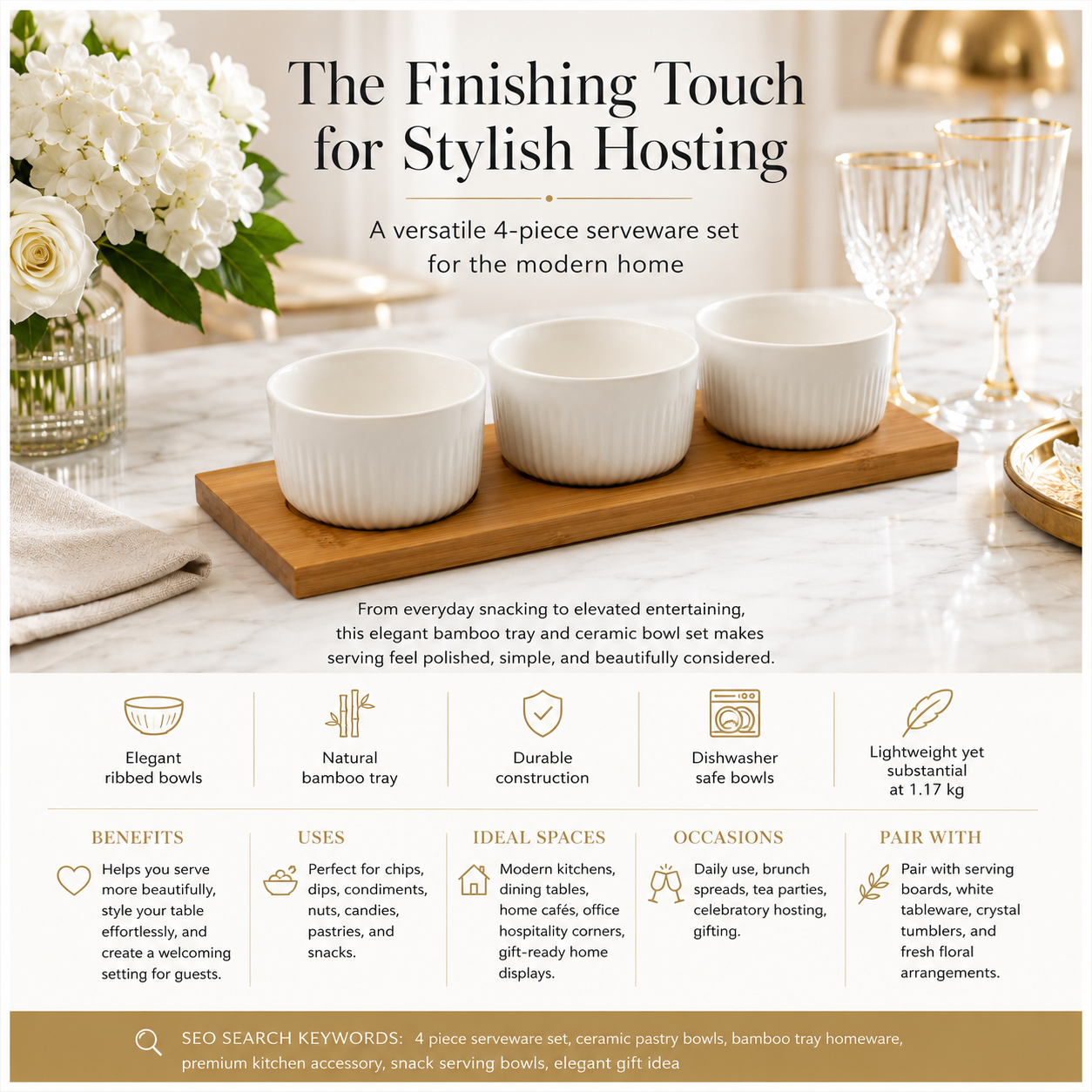 Elegant 4 Piece Bamboo Tray and Ceramic Pastry Bowls -Classic Serveware Set