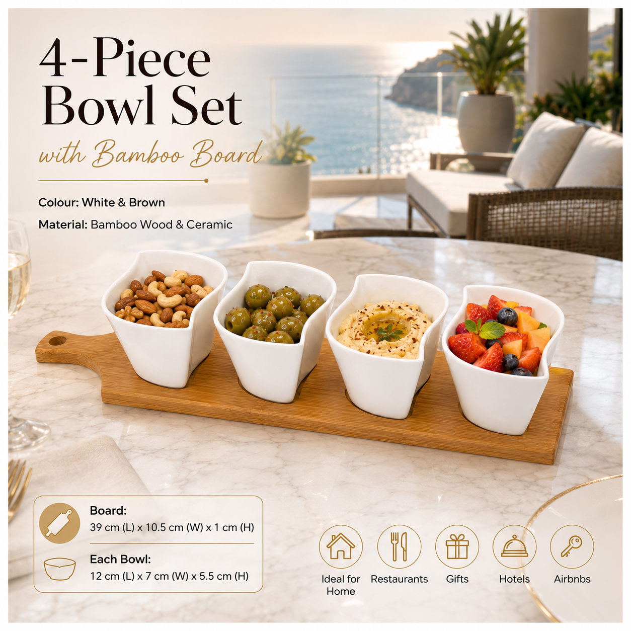 Elegant Ceramic Dipping Bowl Set with Bamboo Serving Paddle Board –