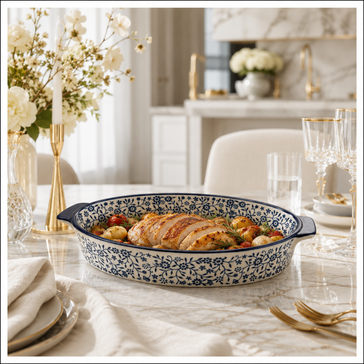 33cm Blue Floral Porcelain Oval Baking Dish with Handles