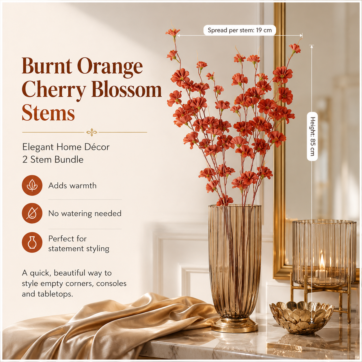 Elegant Faux 2 Cherry Blossom Stems - 85cm- White or Peach Floral Decor