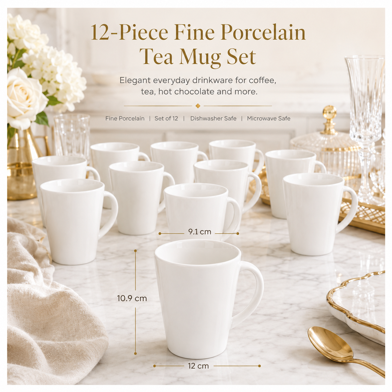 Essential 12-Piece White Fine Porcelain Coffee and Tea Mug Set