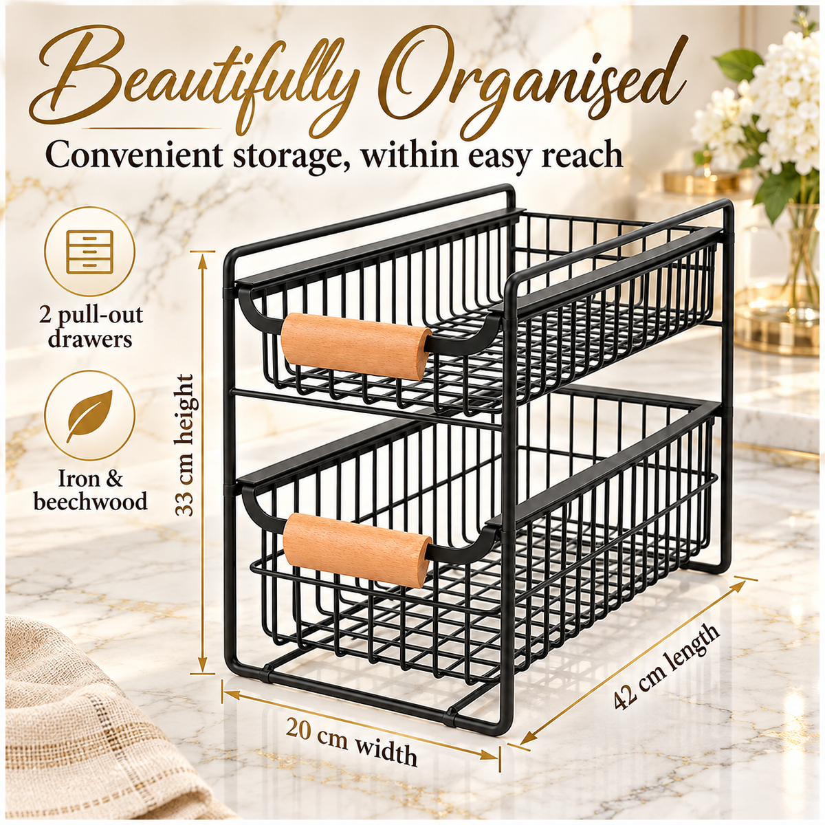 2-Tier Iron Drawer Organiser with Beechwood Handles for Convenient Storage