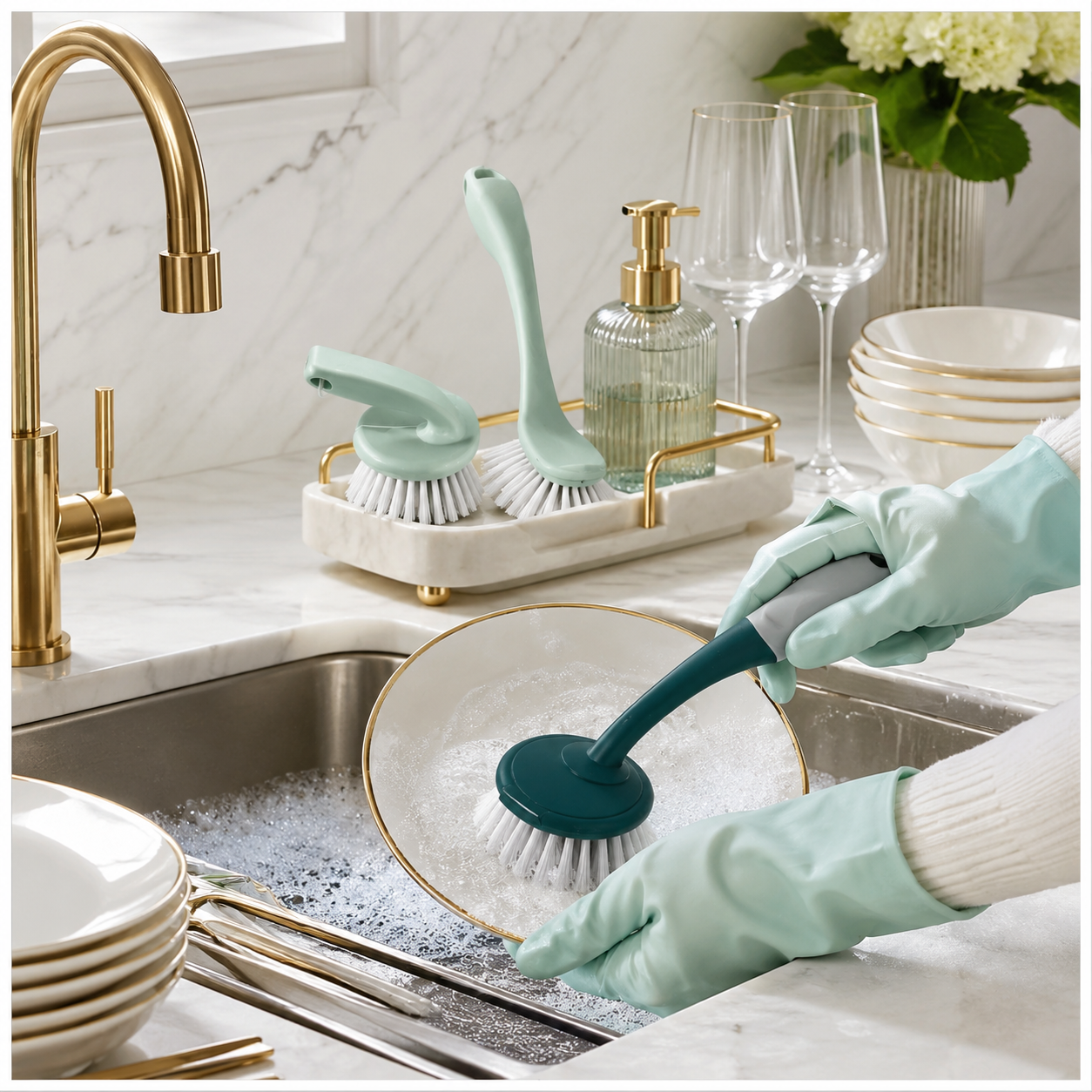 Essential 3 Piece Dish Brush Set with Palm Brush and Glass Cleaning Brush