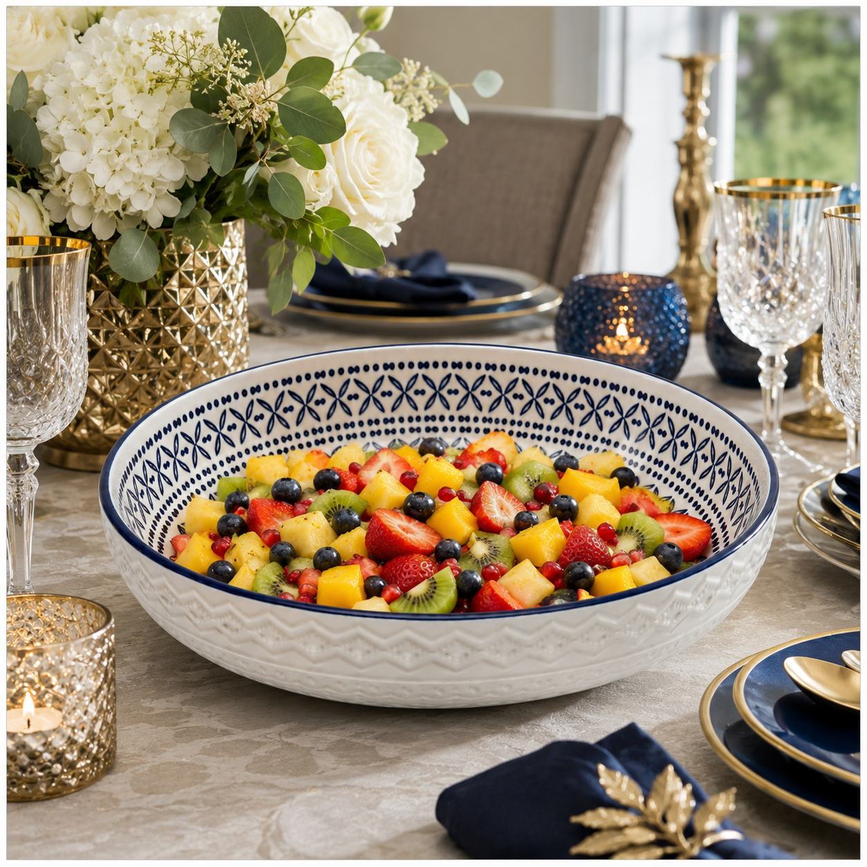 Luxury Large Ceramic Salad Serving Bowl 31cm–Navy and White -Floral Design
