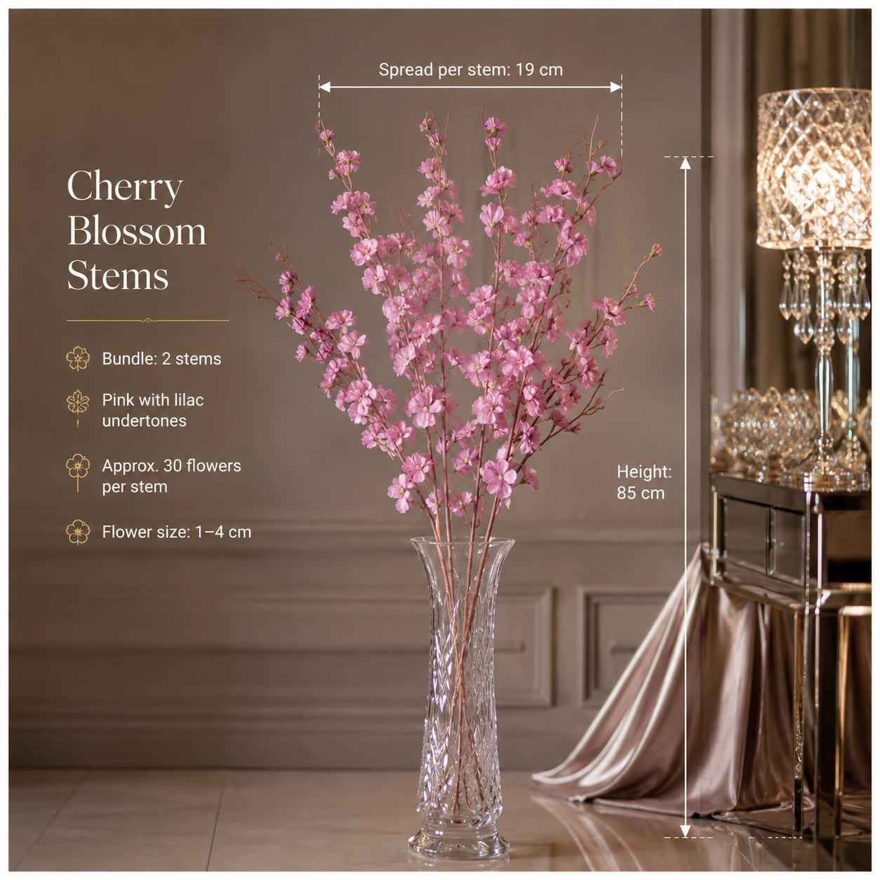 Beautiful Cherry Blossom Stems – 85cm, 2-Pack, White or Pink Lilac