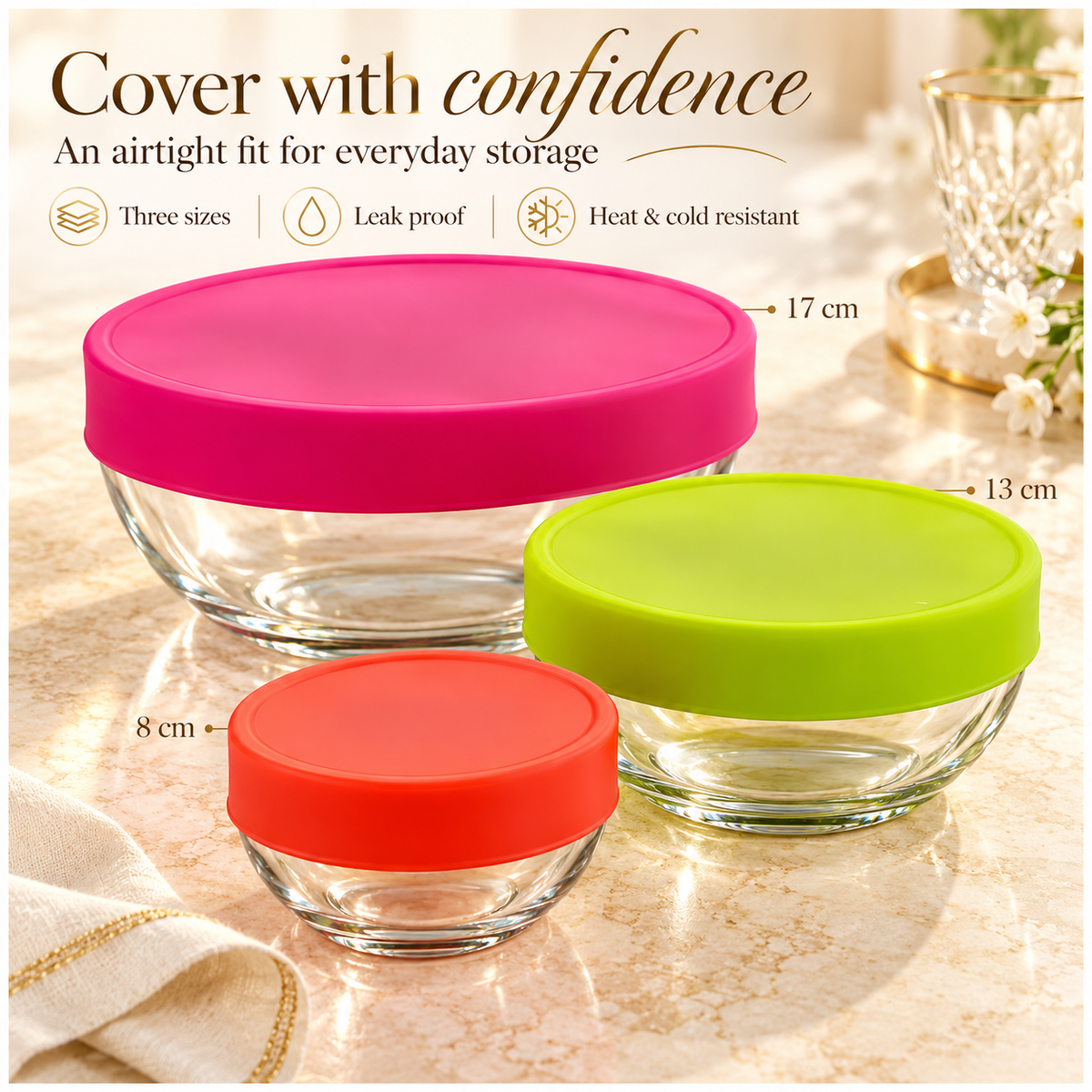 Flexible Silicone Stretch Lids 3-Piece Set | Airtight Food Covers, 8–17 cm