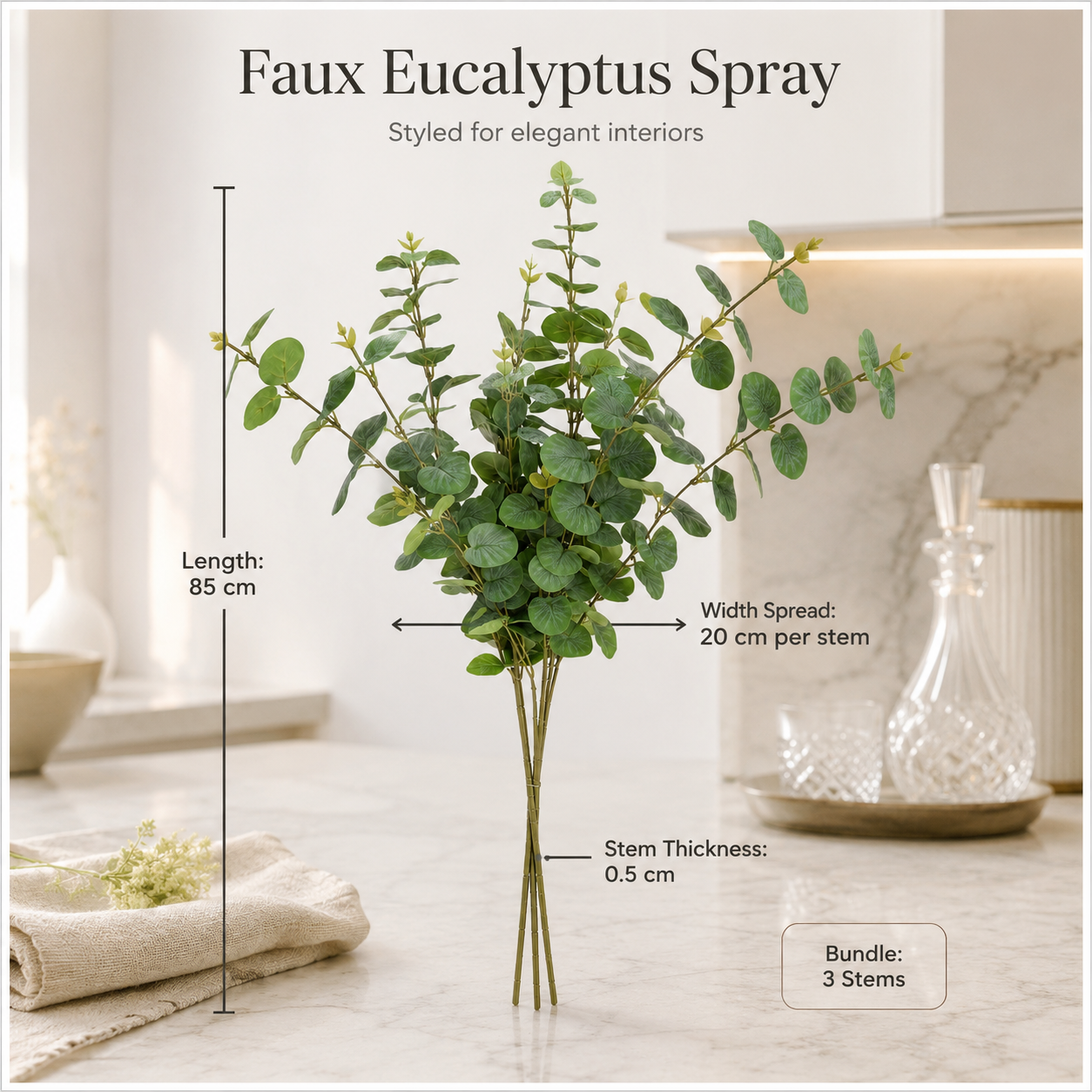 Stylish Modern Eucalyptus Stems Bundle – 3 Modern Decorative Stems - 85 cm