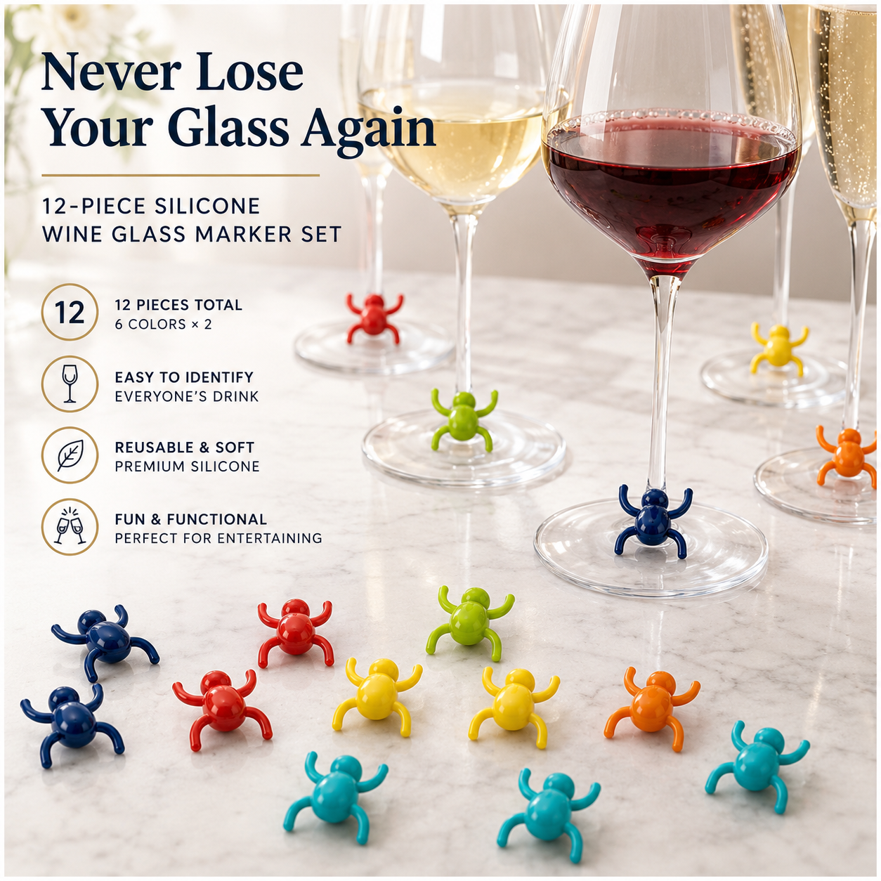 Charming 12-Piece Silicone Spider Wine Glass Marker Set - Multicolour