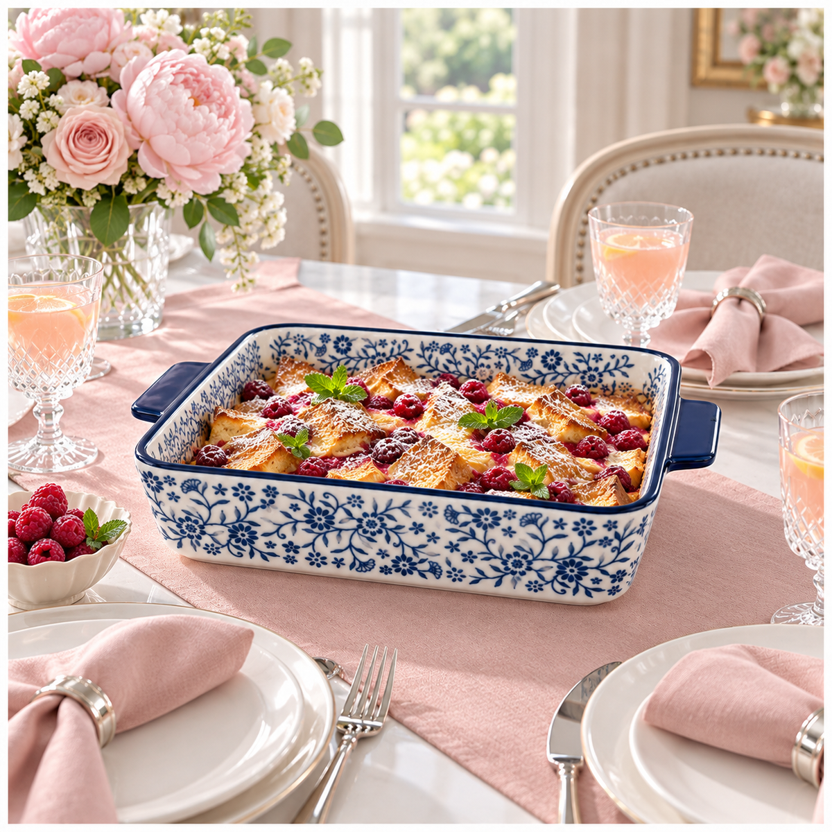 Elegant Blue and White Floral Porcelain Baking Dish with Handles - 29.5cm