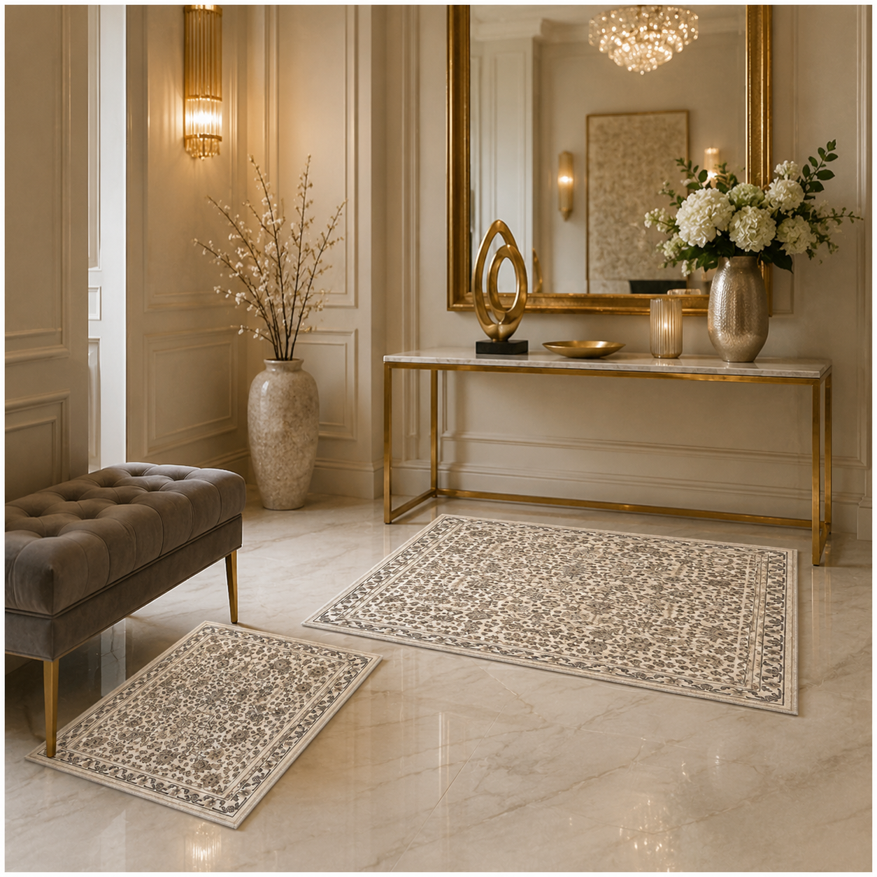 2-Piece Accent Persian Carpet Set–Charcoal Grey and Ivory-50x84cm-60x102 cm