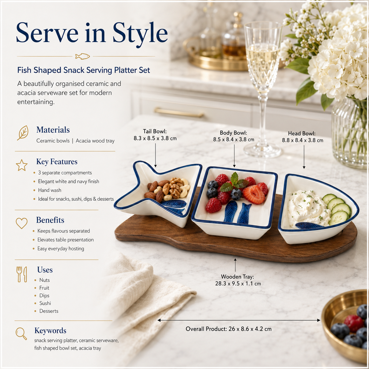 Beautiful Ceramic Fish-Shaped 4-Piece Snack Platter Wooden Acacia Tray