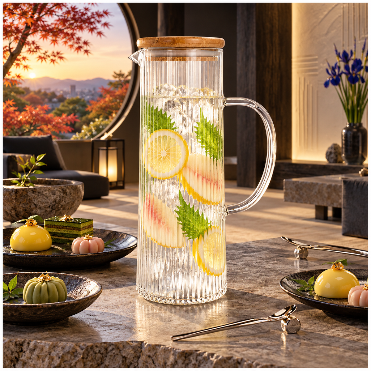 Elegant 1.2L Ribbed Crystal Glass Water Pitcher with Airtight Wooden Lid