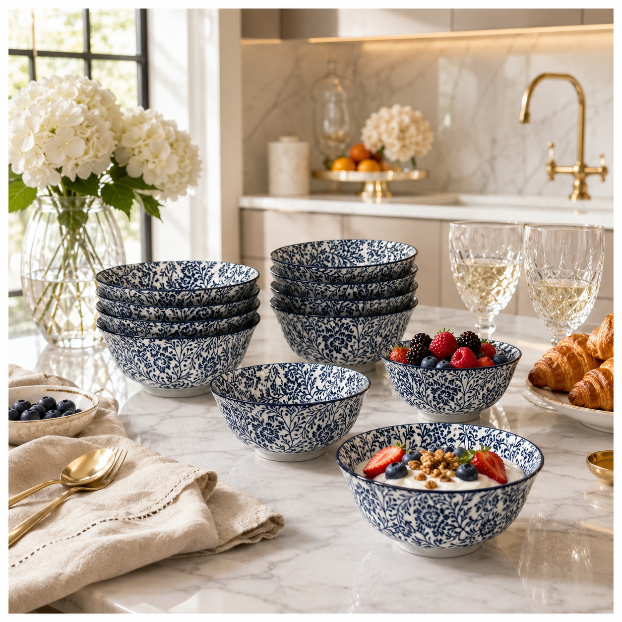 Elegant 10-Piece Blue White Porcelain Bowl Set - Beautiful Floral Serveware