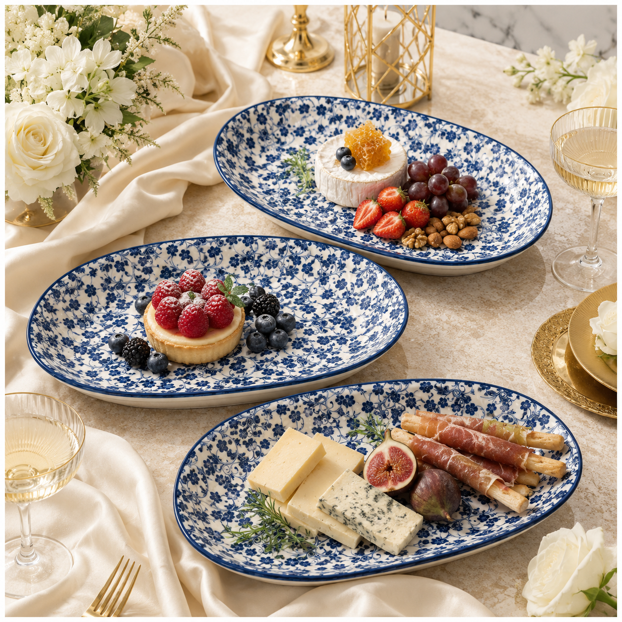 Elegant Blue and White Ceramic Serving Platter Set – Set of 3 - 30 cm