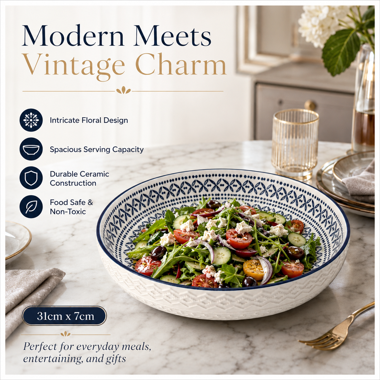 Luxury Large Ceramic Salad Serving Bowl 31cm–Navy and White -Floral Design