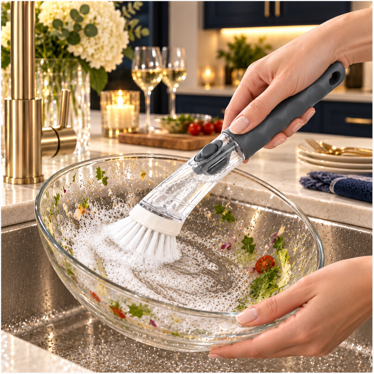 Essential Soap-Dispensing Dish Brush with Soft-Grip Handle – Grey