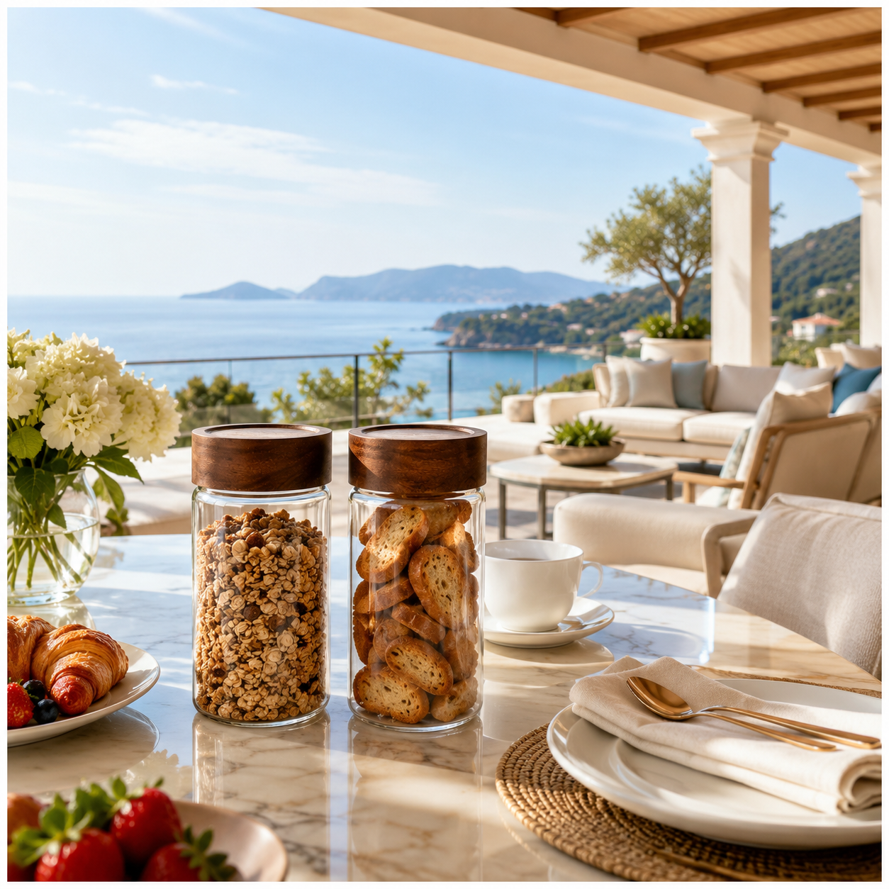 Set of 2 Borosilicate Sealed Glass Jars with Acacia Wood Lids – 580ml Each