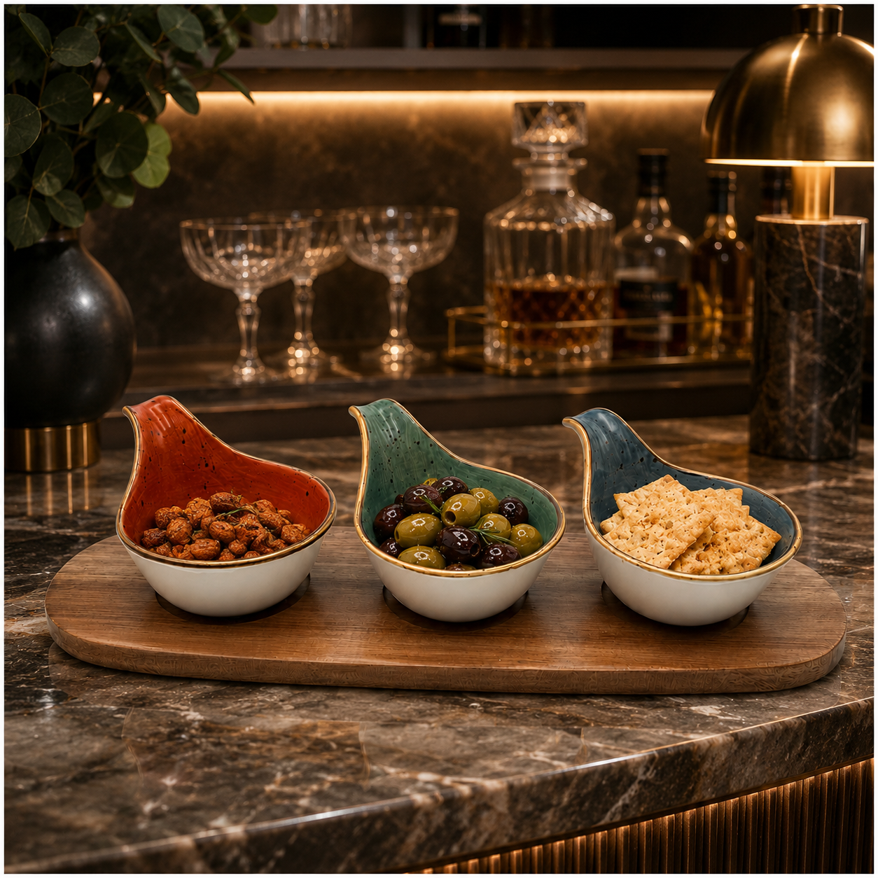 Elegant 3-Piece Ceramic Snack Bowl Set with Acacia Wood Serving Board