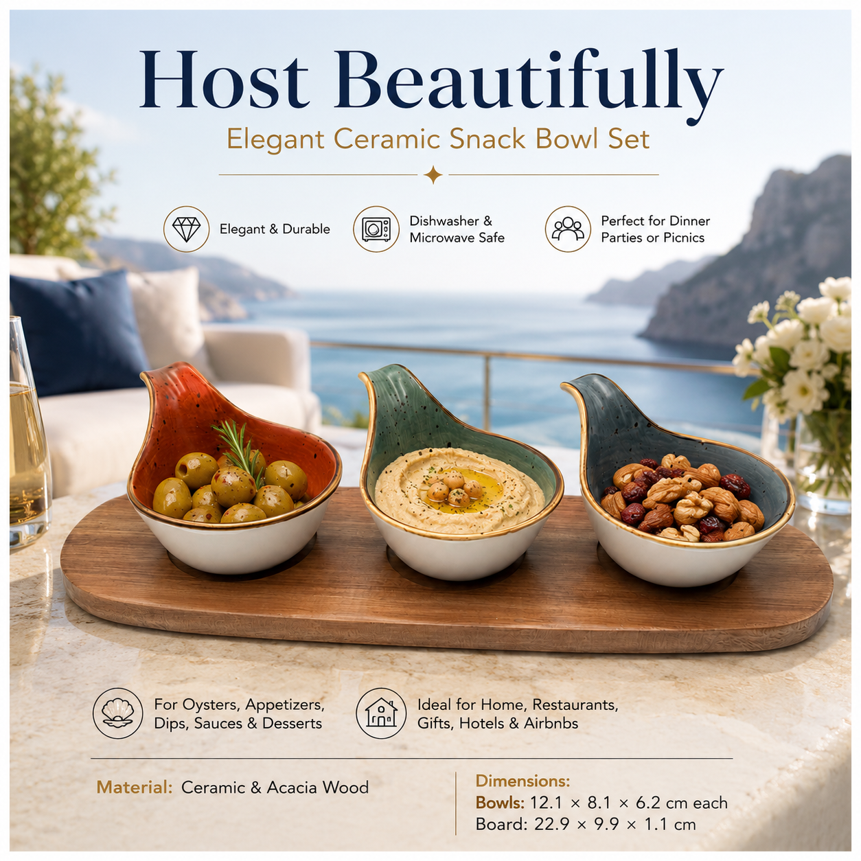 Elegant 3-Piece Ceramic Snack Bowl Set with Acacia Wood Serving Board