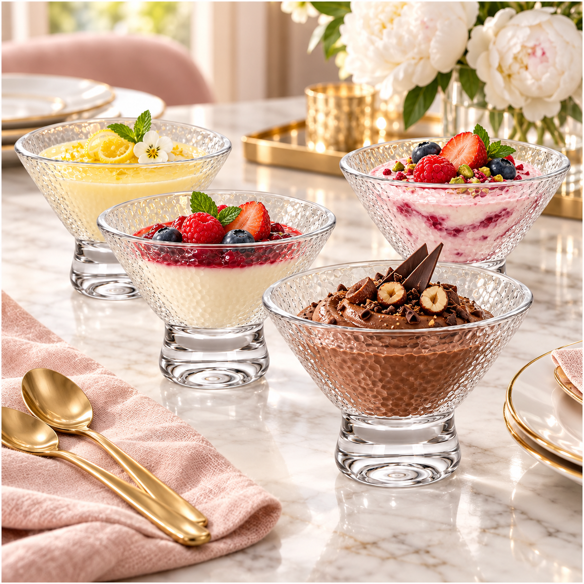 Elegant Glass Footed Dessert Bowls 180ml – Clear Textured Set of 4