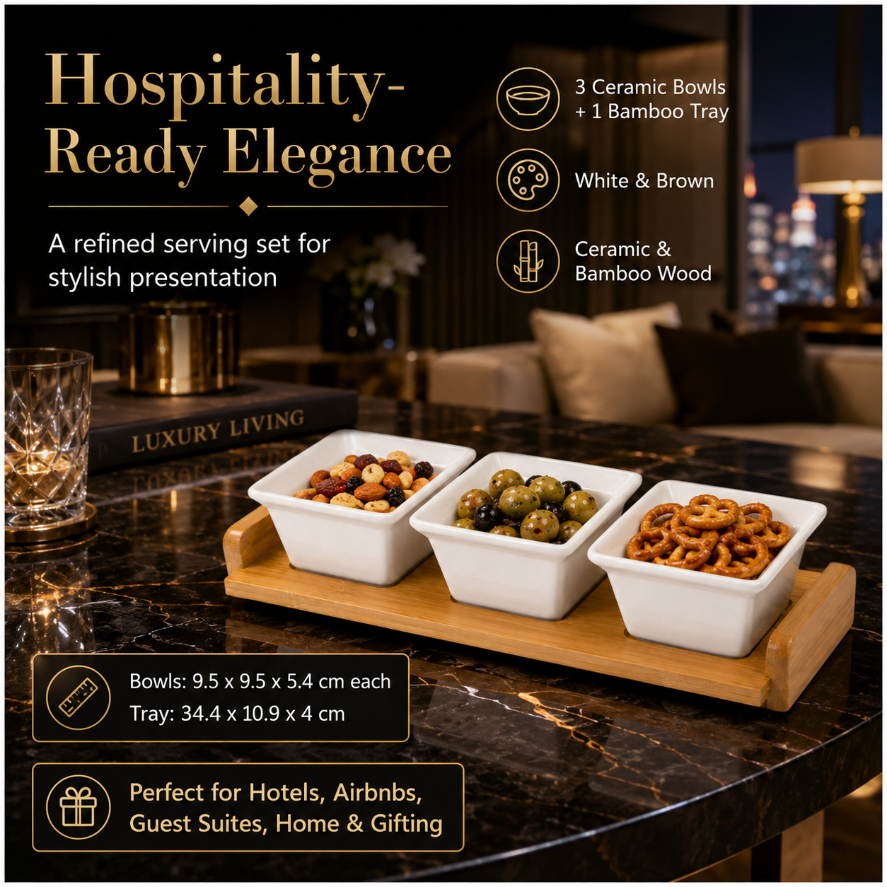 Elegant 4-Piece Ceramic Snack Serving Bowls with Bamboo Tray- 33 x 12 cm