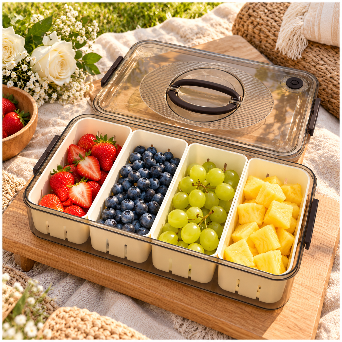 Portable 4-Compartment Snack Platter for Home, Picnics, Parties and Travel