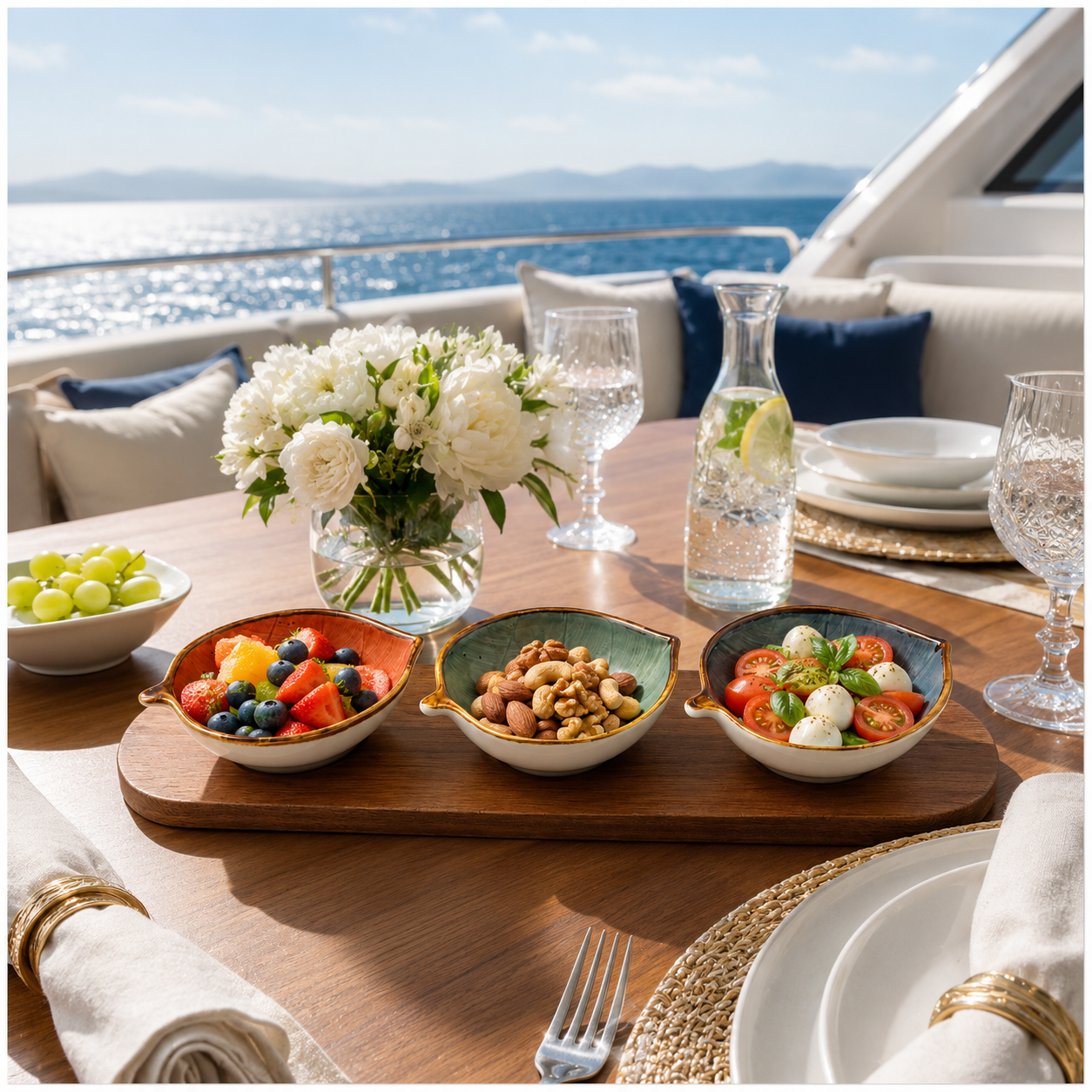 Elegant 4-Piece Leaf Bowl Serveware Bowls Set With Acacia Board - 33 cm