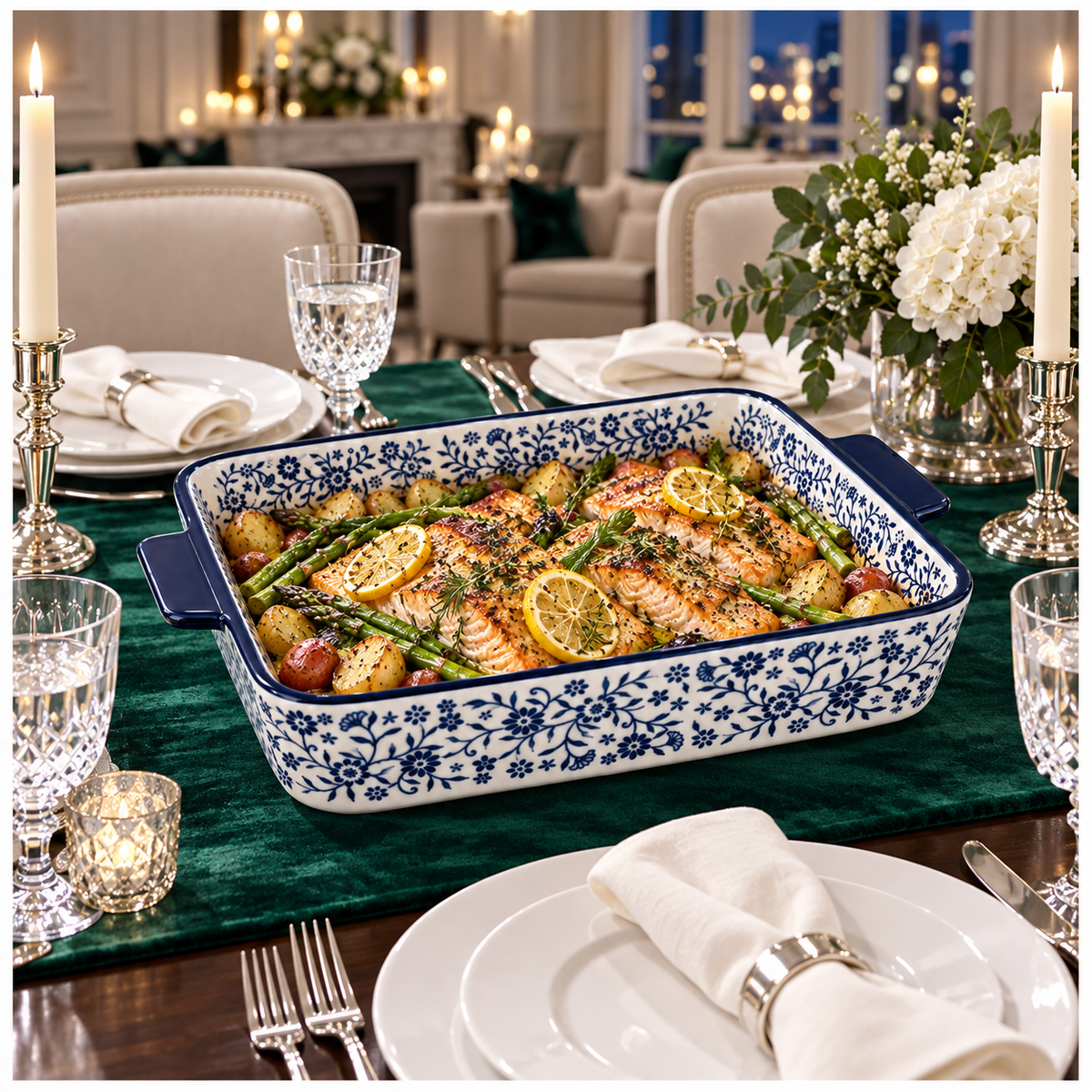 Elegant Blue and White Floral Porcelain Baking Dish with Handles - 29.5cm
