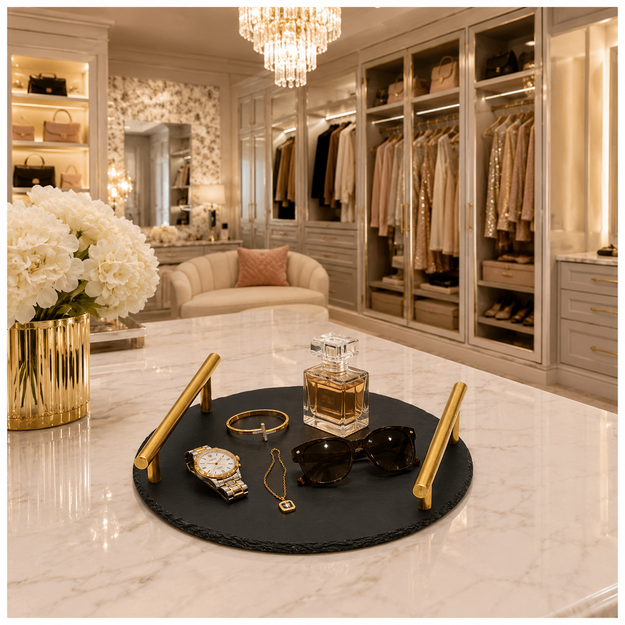 Midnight Slate Round Serving Tray With Metallic Gold Handles