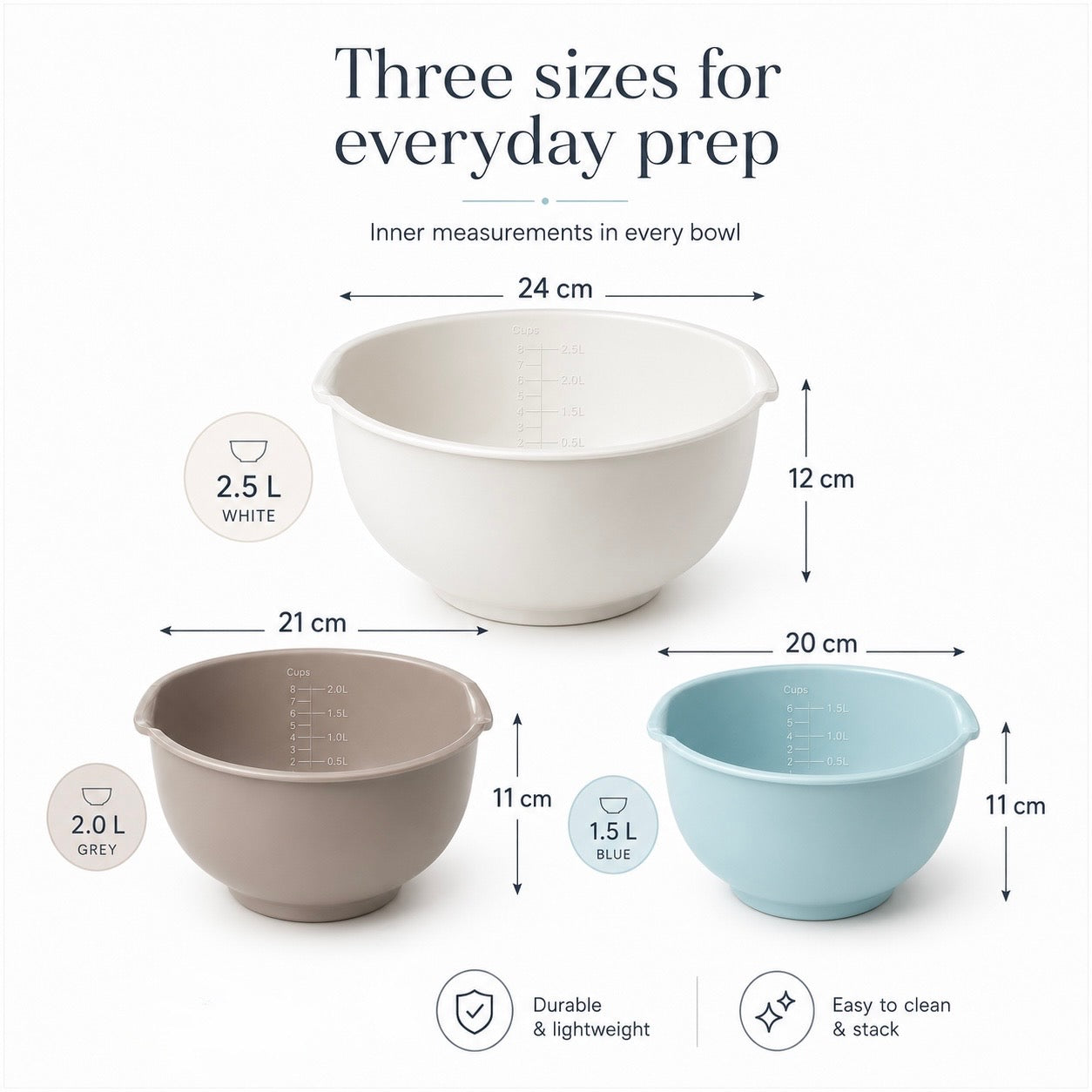 Essential 3-Piece Mixing Bowl Set - Built-In Measurements- 2.5L -2.0L -1.5L