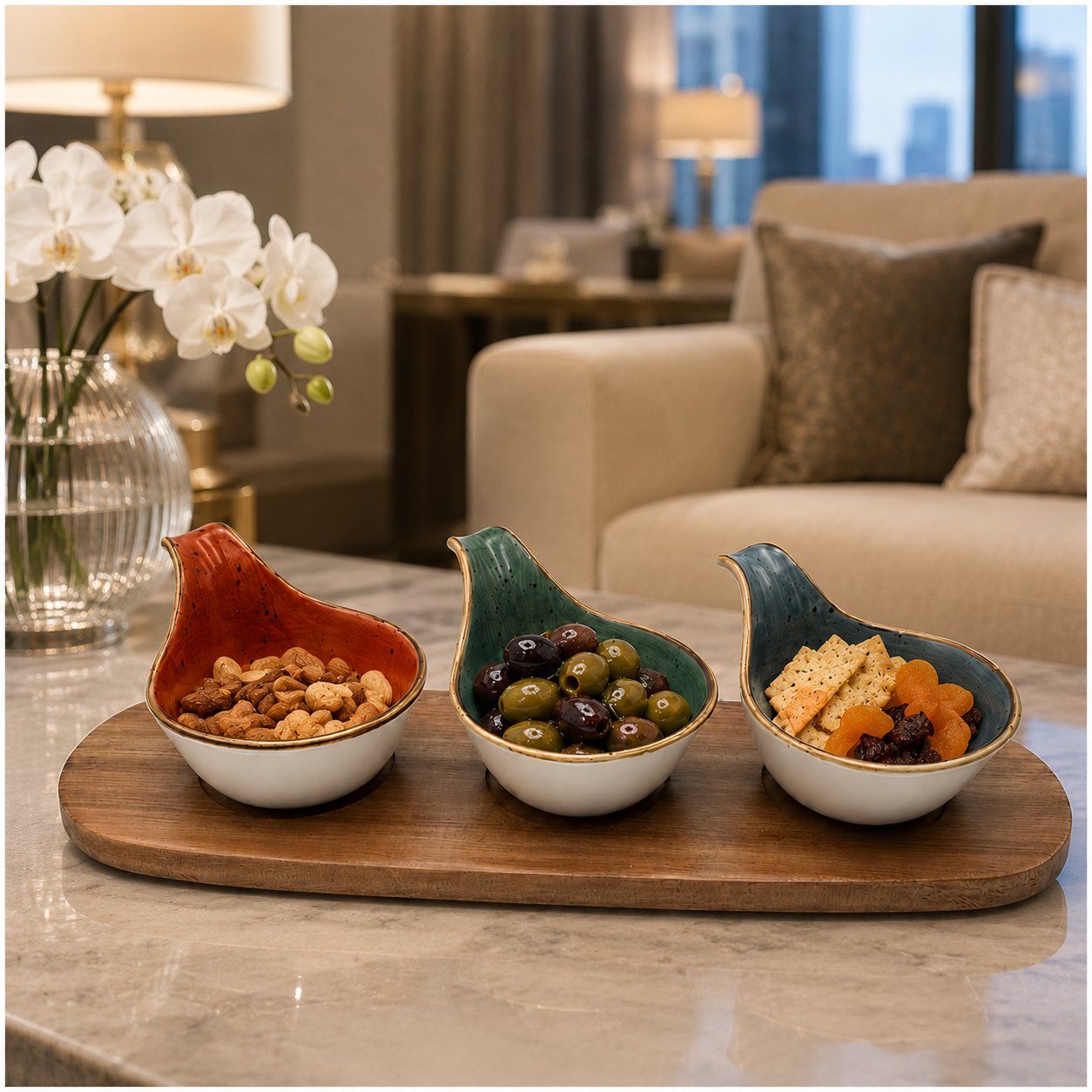 Elegant 3-Piece Ceramic Snack Bowl Set with Acacia Wood Serving Board