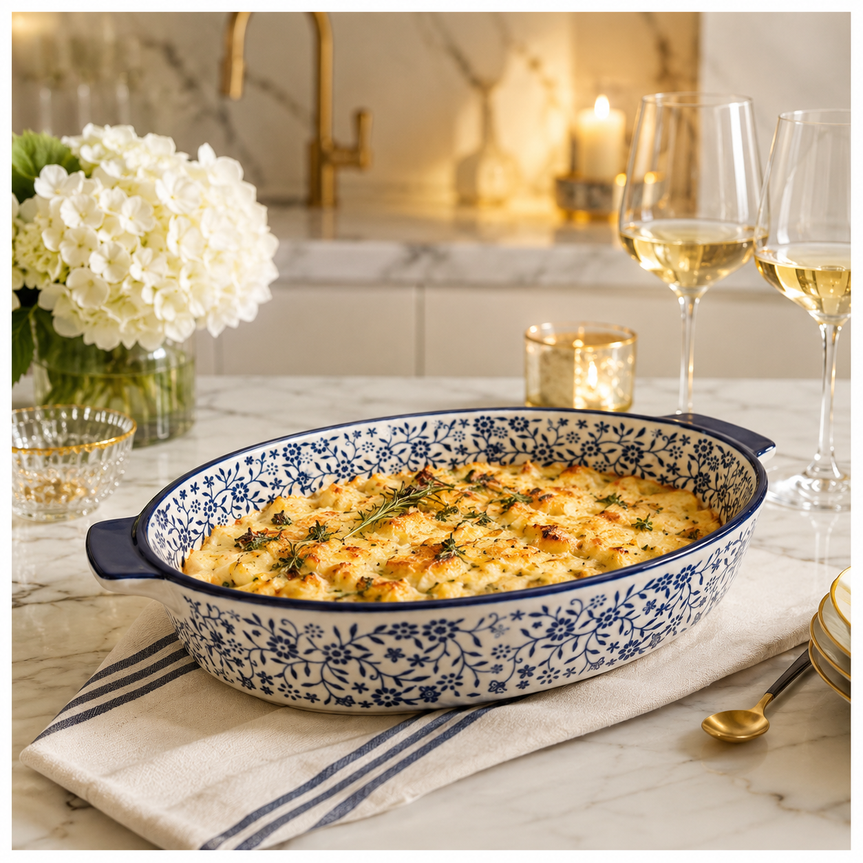 33cm Blue Floral Porcelain Oval Baking Dish with Handles