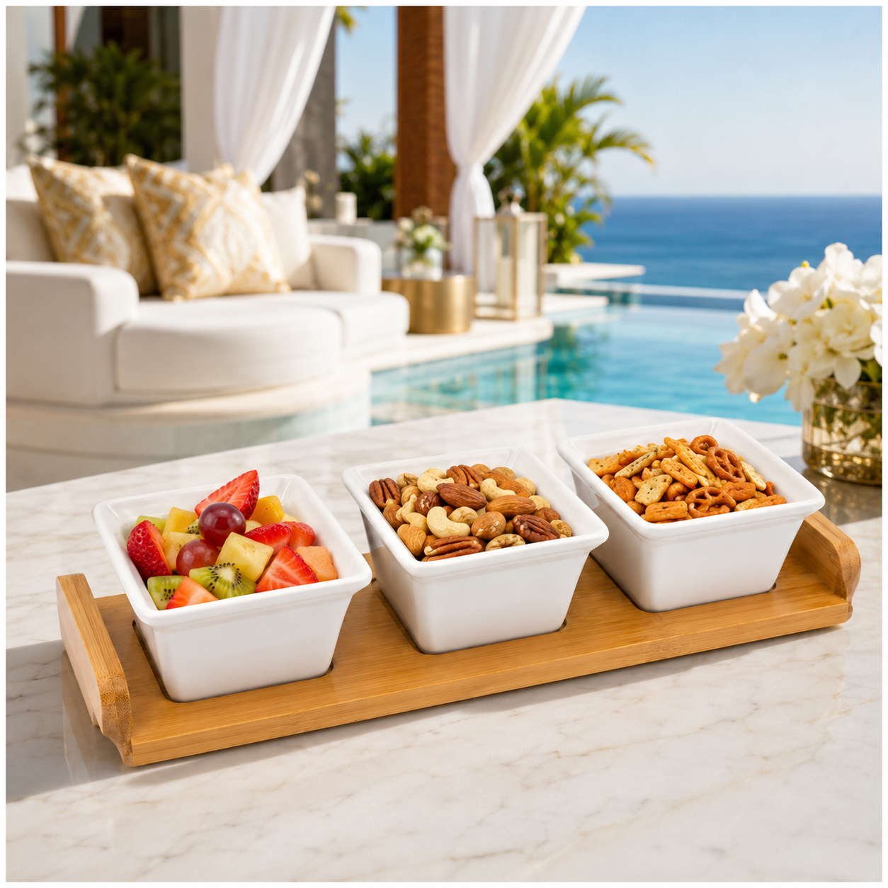 Elegant 4-Piece Ceramic Snack Serving Bowls with Bamboo Tray- 33 x 12 cm
