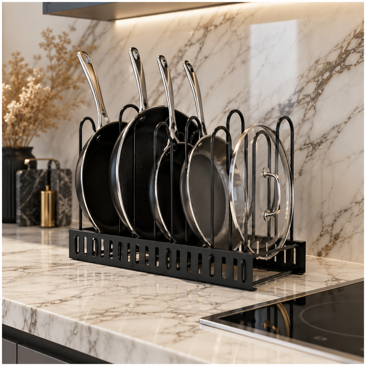 Essential Black Metal Adjustable Cookware Storage Rack-Cookware Organizer