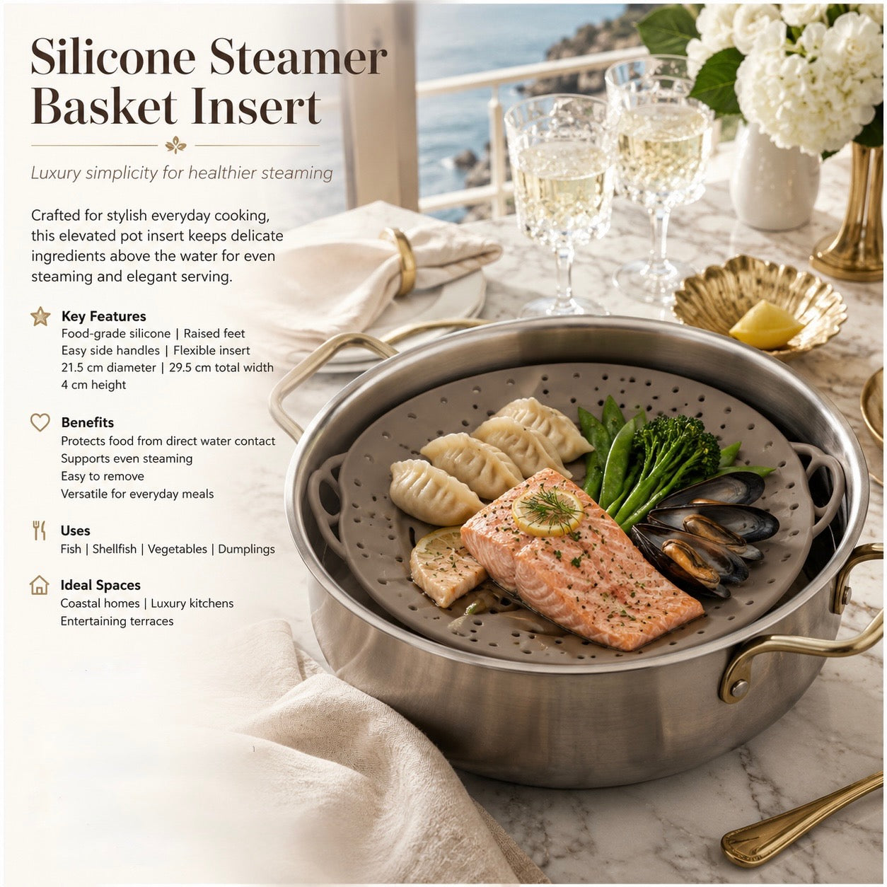 Silicone Steamer Basket with Handles – 21.5 cm Pot Insert for Easy Steaming