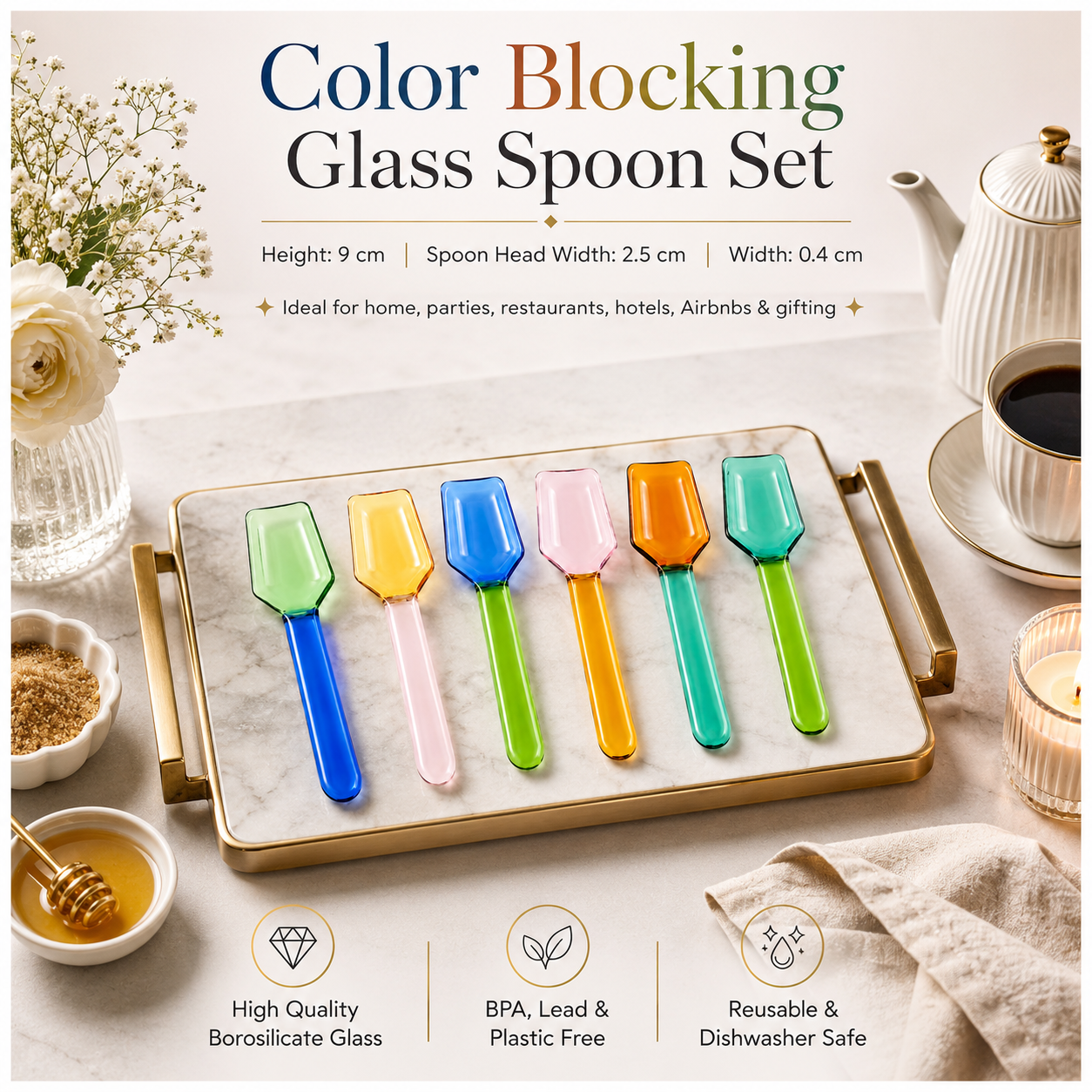 High Quality BPA Free-Color Blocking Borosilicate Glass Spoon-Set of 6- 9cm