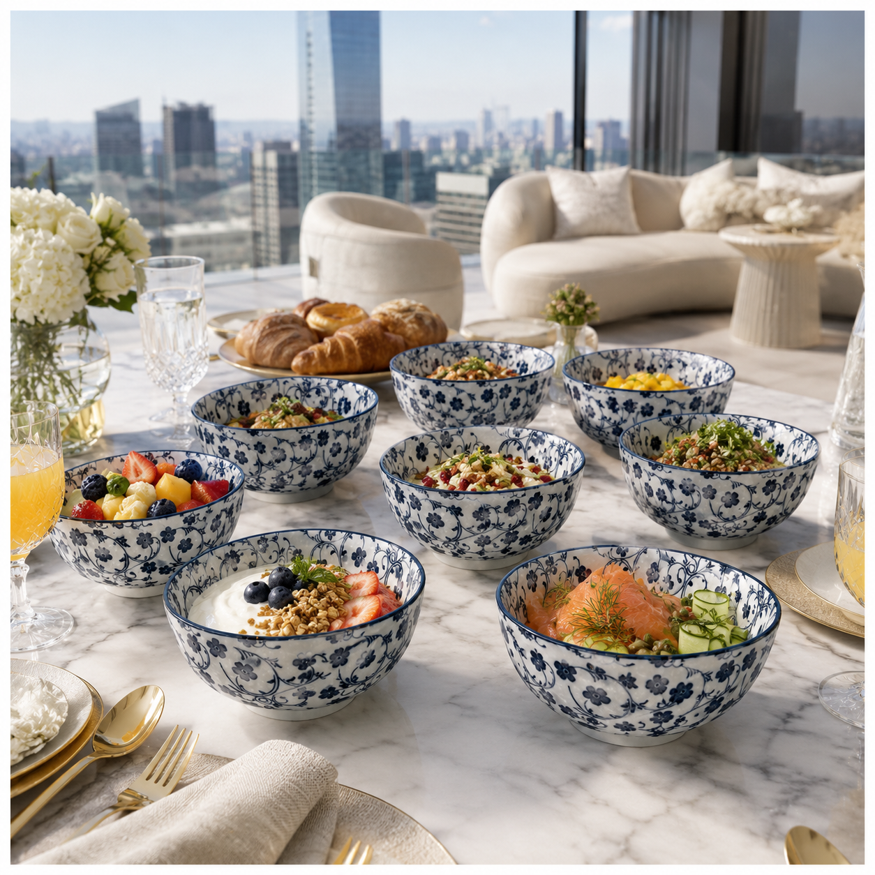 Elegant 10-Piece Blue and White Porcelain Starter Bowl Set