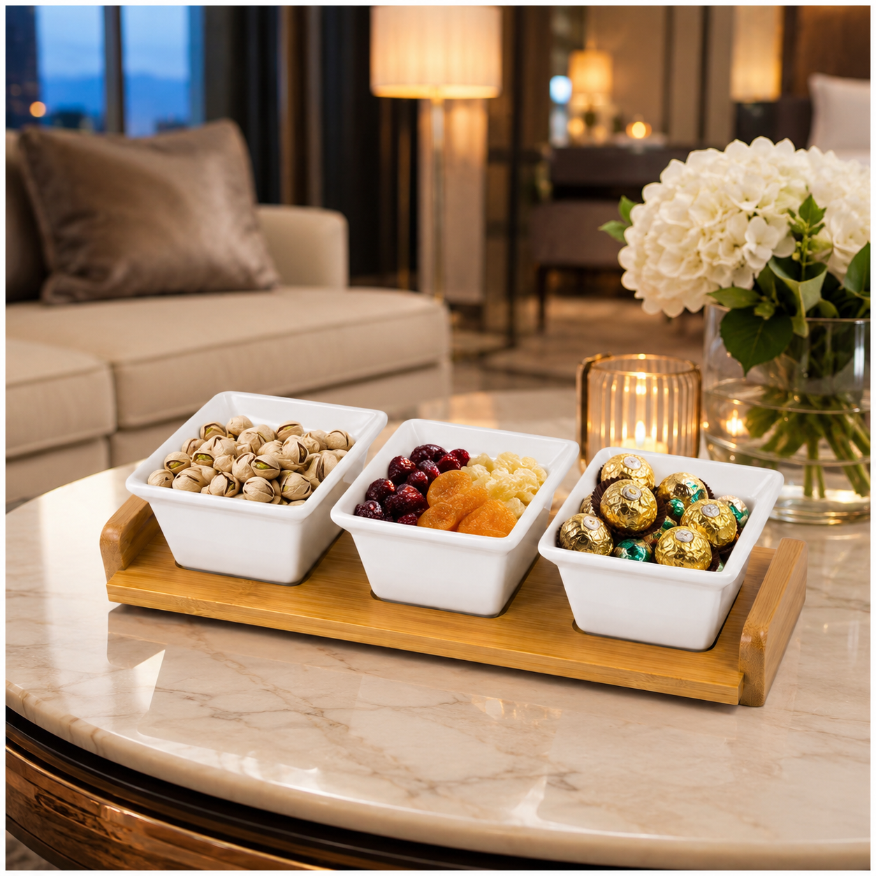 4 Piece Beauitiful Ceramic Snack Bowl Set with Wooden Serving Board- 34 cm