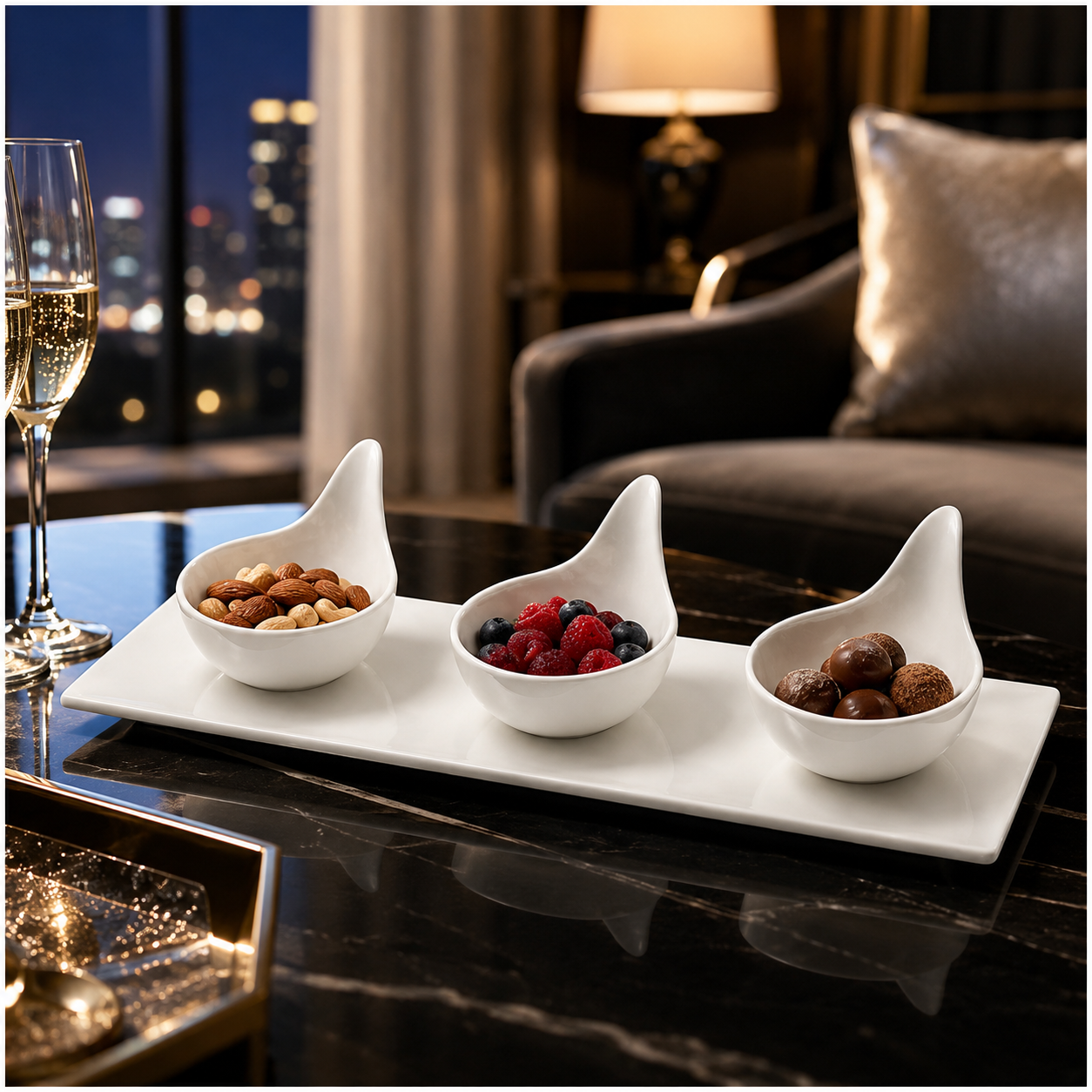 Luxury 3-Piece High Quality Fine Porcelain Serving Bowl and Tray Set- White