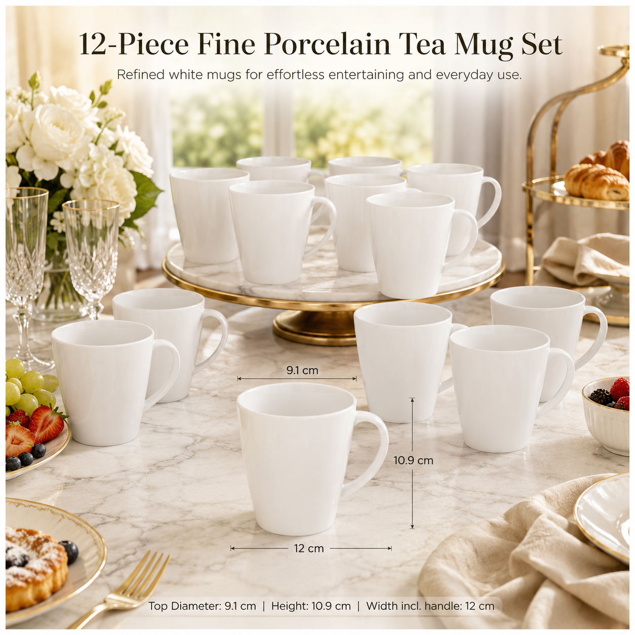 Essential 12-Piece White Fine Porcelain Coffee and Tea Mug Set