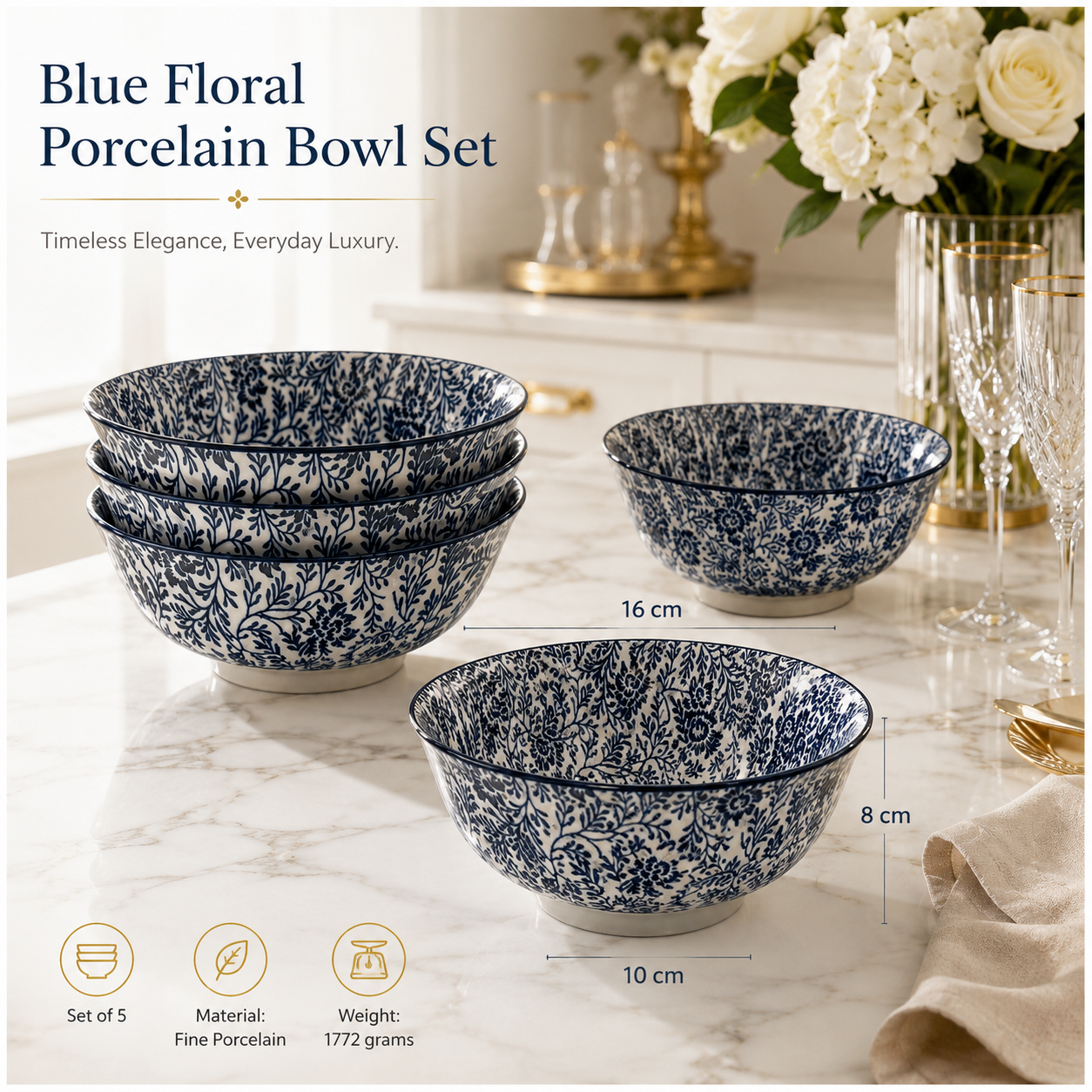 Elegant 5-Piece Blue Floral Fine Porcelain Bowl Set – Fine Dining - 16 cm